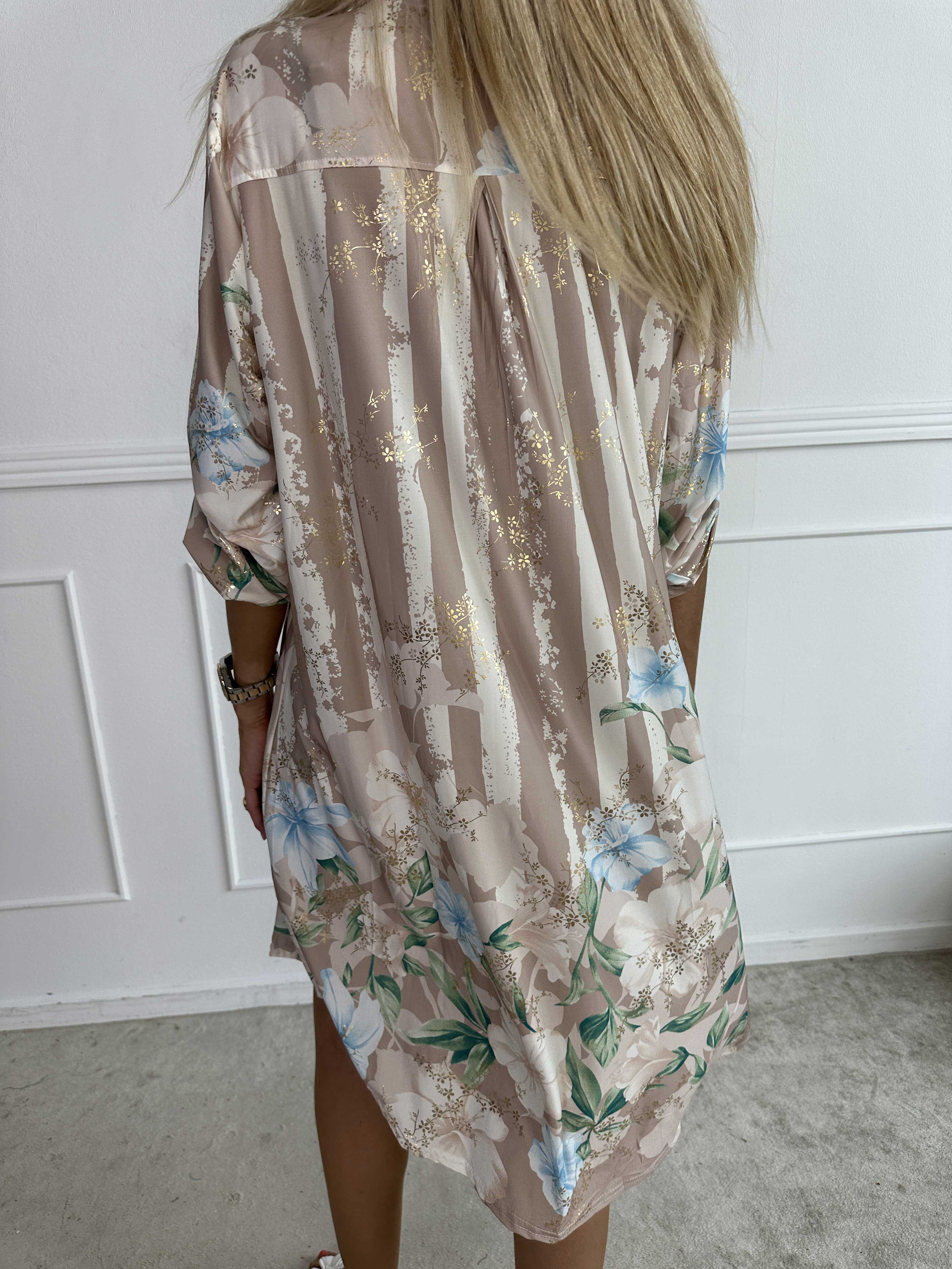 Ebba Floral Stripe Long - Elastisk blomstret kjole med guld detaljer